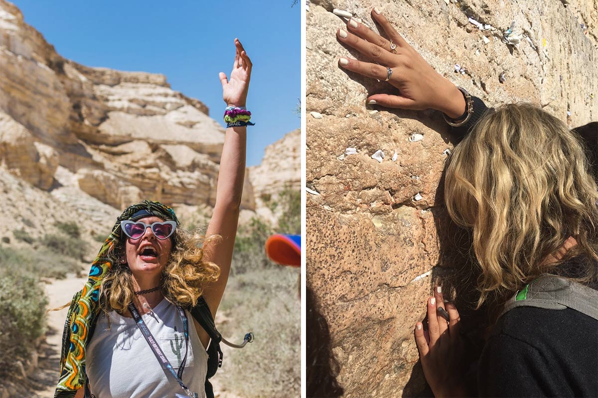 Tori praying at the Western Wall and leading participants on a hike.